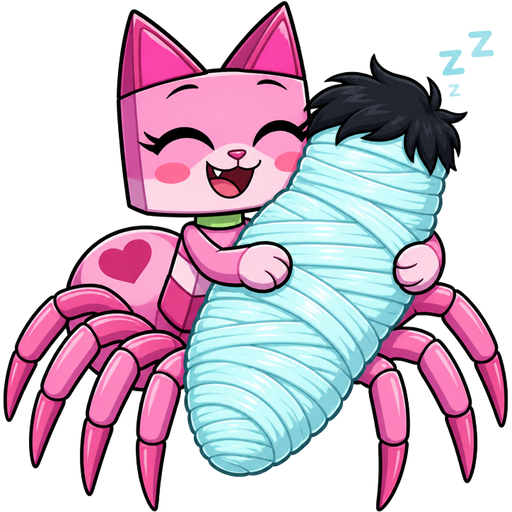 a happy anthro pink cat drider based on unikitty cuddling a wrapped up and mummified fully covered in a #B8FFFF spider slik cocoon shaped like black haired boy arms behind back with #B8FFFF spider slik wrappings completely covered with thick layers non-transparent #B8FFFF spider slik wrappings sleeping