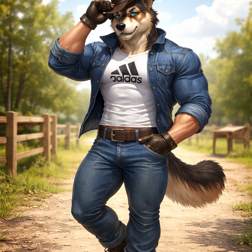A Full Body Image of a Hunky and Chunky a Very Hot and Handsome German Shepard mixed with a Australian Shepard bara furry who is a Muscular but not to muscular and Extremely Chiseled Body features Masculine and Handsome and Ginormous Arms and a Rounded Pecs very Short Strait Hair but tall and very lean. Wearing Jean jacket over A Normal Sized White Adidas Shirt that’s short at the waist with Jeans and a Cowboy Hat with Boots. With his hand in his pocket holding his Hat on his head