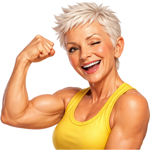 An old lady, with very short hair and no glasses, winking at us, while flexing and showing a large and strong bicep