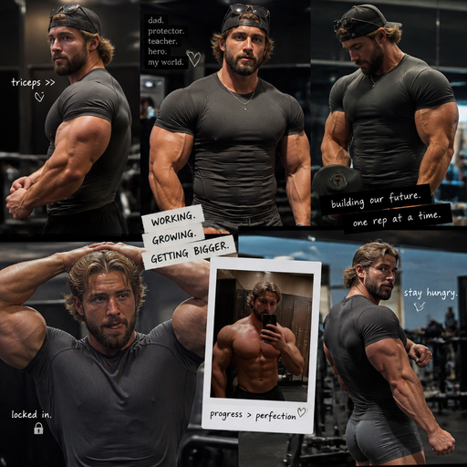 A Dad with Dirty Blond hair and Brown Eyes with a Beard with Chunky Arms and Pecs with a Defined Stocky Body and And Grotesque Physique with pecs that are huge and Beefy and a Tiny Waist. Wearing A work out outfit and backwards with hairs coming form the whole baseball hat with sunglasses on his hat. At the gym while Flexing his Triceps, looks Gigantic in his shirt. And looks cute and irresistible in his Tight shirt. And Works out and Gets bigger and Huger. And takes off his hat and drives his hands through his hair and licking his lips while making eye contact with you
