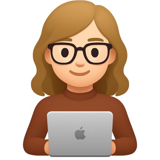 A cute emoji in Apple iOS style: young woman with dark blonde slightly wavy shoulder-length hair, wearing fashionable pantos-shaped glasses (rounded square frames), dressed in a tight-fitting brown sweater. She is sitting with a laptop on her lap, smiling slightly. Flat vector design, minimalist, pastel colors, clean lines, isolated on white background, professional emoji style, high detail for an emoji