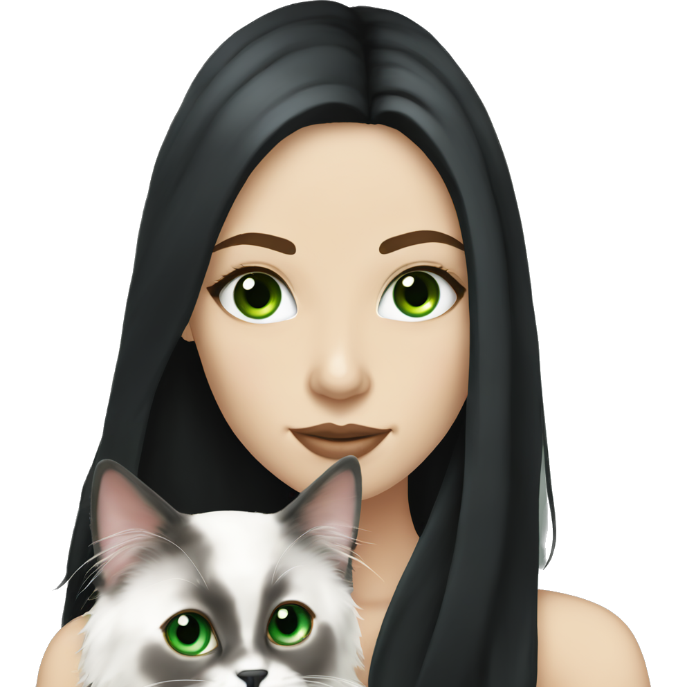 A white skinned woman with long straight black hair,and green eyes,she hold one beautiful bicolor ragdoll