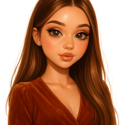 luxury glossy bratz-anime romantic aesthetic, warm cinematic glow, crisp clean detail, glossy glam skin. petite girl, warm soft-autumn tone, fair skin, honey-brown almond eyes, soft freckles, warm toasty glam makeup, glossy nude lips, flutter lashes, sweet Belle-princess vibe, long STRAIGHT brunette honey balayage hair with visible light honey blonde highlights, deep caramel velvet wrap dress, straight hair behind shoulders, soft smudged espresso liner and dewy glow, pop-princess energy, shimmer highlight, sparkly glow