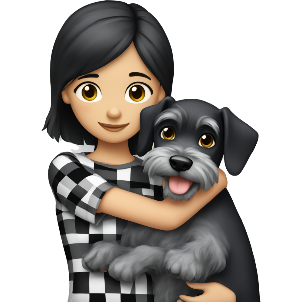 A girl with fair skin and black hair, wearing a black and white plaid shirt, is hugging a Schnauzer.