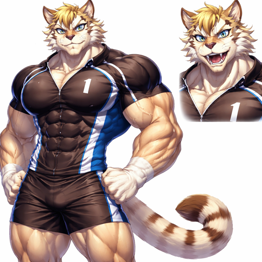 A Anime Full Body and Face of a Muscular and Buff with Gigantic Pecs AND biceps. VERY Masculine and handsome Bara Furry Sabertooth with a Very Good-looking Face and Blue eyes with a wrestler type body. Buttoned up in a Short Volleyball Jersey.