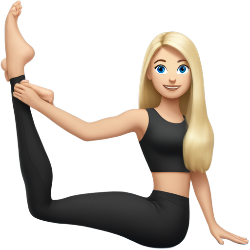 woman with flexible long blond hair blue eyes doing pilates in black top and leggings sitting in splits