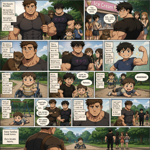 A DETAILED AND LIFELIKE LONG Anime Comic Book story view of a Bulky but Muscular ANIME Cute Bara Man With Peach toned skin Who looks Normal aind round facial Structure and Basic facial structure With Puffy and Big Pecs that are visible through the shirt and Biceps and Bandaid on his nose and Brown short hair that makes them look tough. Wearing normal With his pet Grown and healthy realistic otter and 2 little brothers and baby that are in different ages but young. but the baby has a problem walking, the other is strong and buff and bulky and a Laddies man and girls like him but he is a Nerd. and he’s SO BUFF and it’s not muscle it‘s bulk. And get ice cream at the park and never help the baby and always let it fail. And they Hate the baby