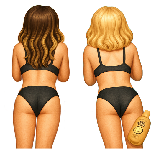 two girls laying on a towel (tanning) one striped orange and yellow and the other towel is blue and light minty green. the girl on the orange towel is brunette with blonde highlights and is wearing a black bathing suit but is laying on her stomach with a diet coke can next to her. the girl on the blue towel is blonde with shoulder length hair that is curled and is wearing a black bathing suit but is laying on her stomach with a dr. pepper can next to her. the sun is shining and the grass they are above is nice and green. there is 2 pairs of square chanel sunglasses in between them one black the other is a kinda marble cheetah print. there is an sun bum bottle of sunscreen near them laying in the yard. the angle is from above them but also a little behind
