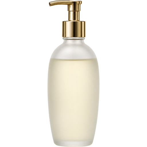 Ultra-realistic massage oil bottle, premium spa aesthetic, elegant frosted glass bottle with smooth semi-matte finish, soft milky white tone, subtle liquid visible inside, polished metallic gold pump dispenser with a soft reflective sheen, refined minimal design with no text label, delicate highlights along the curves, perfectly balanced proportions, pristine and unused appearance, high-end luxury finish, soft natural highlights, sharp focus, studio-quality lighting, hyper-detailed textures