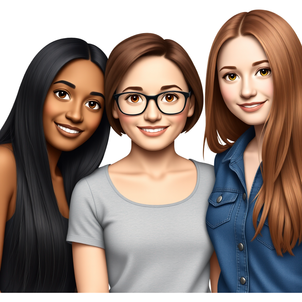 I make three beautiful friends, one of whom is tan and has long black hair, the second is light skinned brunette and wears glasses and has medium length brown hair, the third is light skinned and has long redish hair