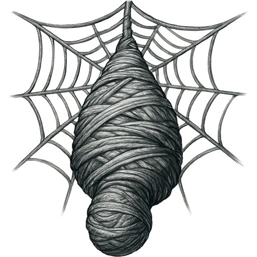 thick spider web cocooned whole body and head completely covered with thick huge layers of non-transparent spider web slik mummy like cocoon hanging upside down for dungeon fighter online game emoji, artistic style