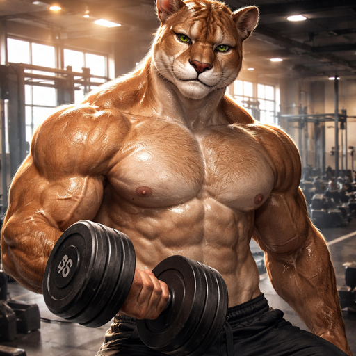 A Full Body Image of a Hunky and Chunky a Puma who is a Muscular but not to muscular Masculine and Handsome and Ginormous Arms and a Rounded Pecs Short Strait Hair. Shirtless In the Gym Lifting Weights and Drenched in Sweat
