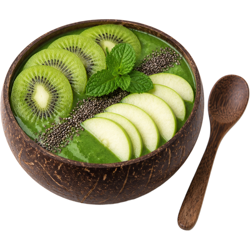 Detox Smoothie Bowl in a Coconut Shell-Style Bowl With a Wooden Spoon with Kiwi Slices, Green Apple Slices, Chia Seeds and a Mint Leaf it’s also Jungle Green on Top