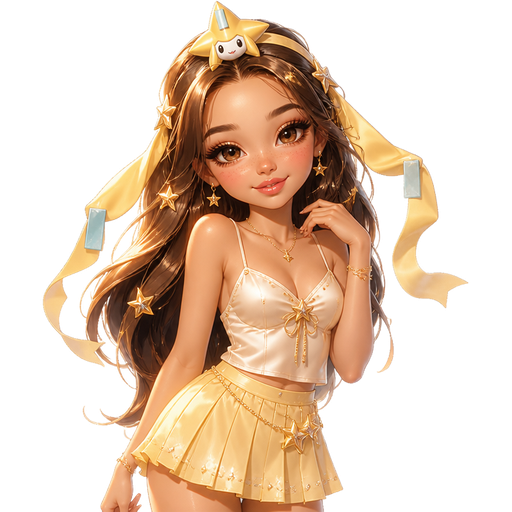 semi-realistic soft cartoon luxury glam, mini plush Bratz-doll aesthetic, cinematic glow, crisp clean detail, glossy glam skin. brown eyed Petite 5ft girl, fair skin with soft freckles, wide face with tall forehead, honey-brown almond wide-set upturned eyes, fluttery lashes, shimmer highlight, plush lips, bottom heavy lip, sweet Belle-princess vibe, long straight brunette hair with visible caramel highlights, wearing a warm buttercream satin camisole with gold star-like embellishments, a pale lemon mini skirt with soft pleats and tiny jeweled accents, gold jewelry, a star headpiece inspired by Jirachi, long wish-tag-like ribbon details, hair in glossy soft curls with tiny star clips, makeup with champagne shimmer lids, peach blush, golden highlight, and a glossy honey-pink lip, posing with magical sweet energy and a bright dreamy smile