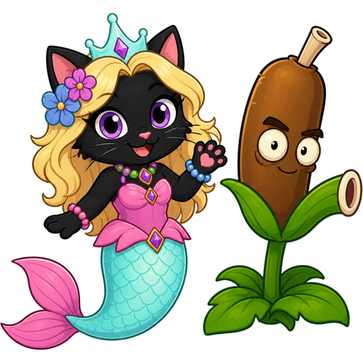 black cat with light yellow hair purple and blue flowers light cyan crown purple and green necklace pink and blue bracelets pink dress attached to long light cyan mermaid tail with pink tail fins next to cattail for plants vs zombies