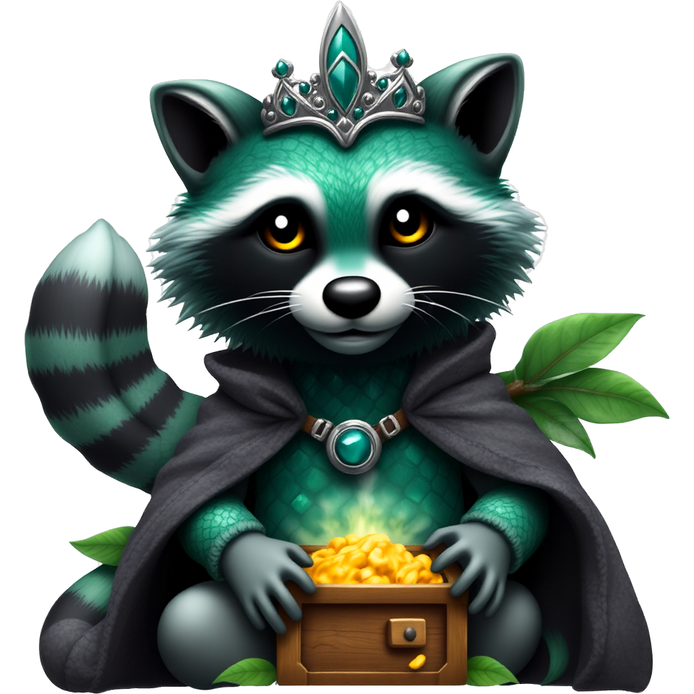 "Enchanted Medusa raccoon with shimmering emerald scales, adorned with a mystical silver tiara. Its fluffy tail twirls like a serpent, and glowing emerald eyes reflect wisdom and mischief. Draped in a fairy cloak made of leaves, it guards a treasure trove beneath a luminous moon."
