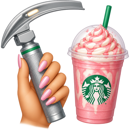 Emoji of a laryngoscope blade and handle held by hand with long nails next to a Starbucks Pink Drizzle Frappuccino. Sparkles and yellow glitter background. Apple style