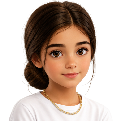 Portrait réaliste d’une belle fille de 11 ans au style naturel et simple. Elle a des épais cheveux bruns, attachés en chignon bas bien fait . Visage doux et naturel, yeux bruns, sourcils bruns bien définis, expression calme et neutre. Elle porte un t-shirt blanc basique et un collier en maille marine (bijou au style chaîne fine en or), dans un style propre et minimaliste. L’image est lumineuse, rendu photo réaliste, fond neutre légèrement flou, style portrait lifestyle, mise au point sur le visage, ambiance douce et naturelle.