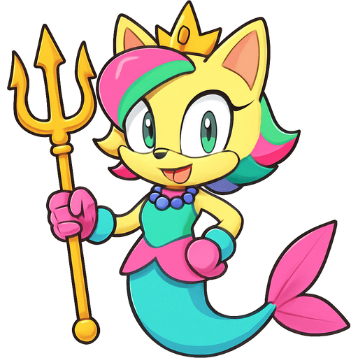 sonic x style version light yellow anthro cat with pink and green and yellow hair blue green eyes golden crown with light purple necklace light cyan braclets cyan and green dress with pink skirt attached to cyan and light blue mermaid tail with pink tail fins pink and cyan gloves holding a golden trident sonic x style version emoji, artistic style