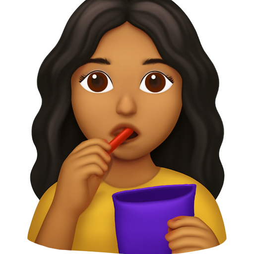 make a tan girl with wavy black long hair length. Medium small lips, dark brown eyes. and a thin straight down long nose. Make her eating takis chips