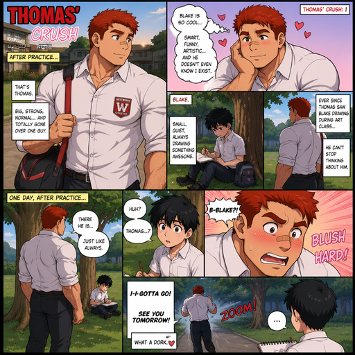 A Comic book story of a Bulky and muscular ANIME Cute Bara Man Who looks Normal and American with a round facial Structure and Basic facial structure With Big Pecs and Biceps and Bandaid on his nose. Wearing a Button Up Uniform and Pants with Scarlet Red hair and named Thomas with a Huge Crush on Blake. With Blake a Skinny and small Kid. One day After Practice found Blake under a tree drawing. And Blake Found Thomas Staring at him. And then Thomas Blushed Hard and Walked away to hide his face