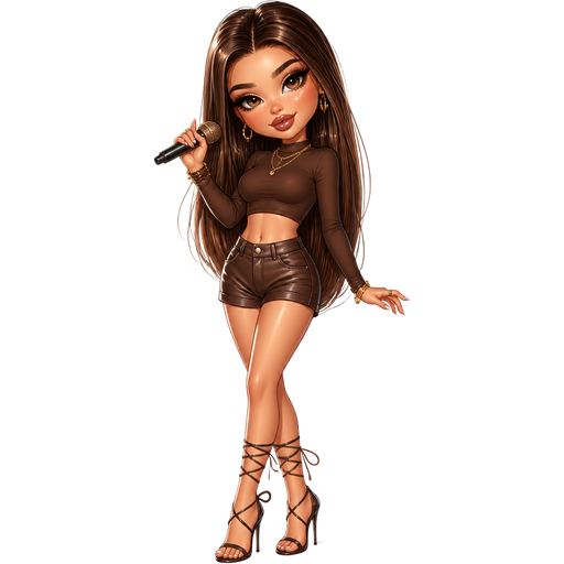 semi-realistic soft cartoon luxury glam, mini plush Bratz-doll aesthetic, cinematic glow, crisp clean detail, glossy glam skin. brown eyed Petite 5ft girl, fair skin with soft freckles, wide face with tall forehead, honey-brown almond wide-set upturned eyes, fluttery lashes, shimmer highlight, plush lips, bottom heavy lip, sweet Belle-princess vibe, long straight brunette hair with visible caramel highlights, wearing a mocha brown fitted long-sleeve crop top with high-waisted leather shorts, gold jewelry and tall lace-up heels, holding a microphone with a sultry confident smirk