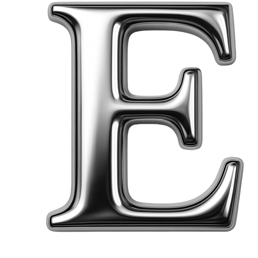 High shine chrome Capital E in serif font. Strong top left light source, medium pillow inflation, high contrast reflection, soft bevel fully rounded