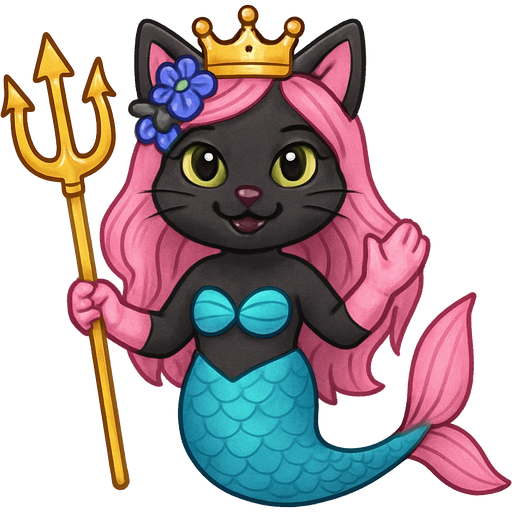 black cat smiling pink long hair golden crown purple and blue flowers green eyes light pink gloves very long cyan mermaid tail with pink fins swimsuit cyan holding a golden trident human version fan character emoji, expressive cute style