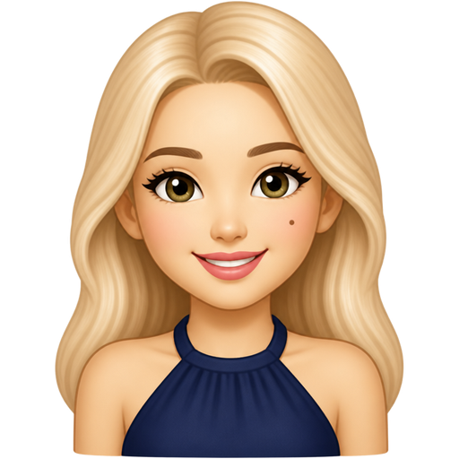 Pearl blonde white girl with hazel eyes, porcelain skin, pink lips, cute small nose, one mole on the right cheek, dressed in a navy blue halter neck top smiling