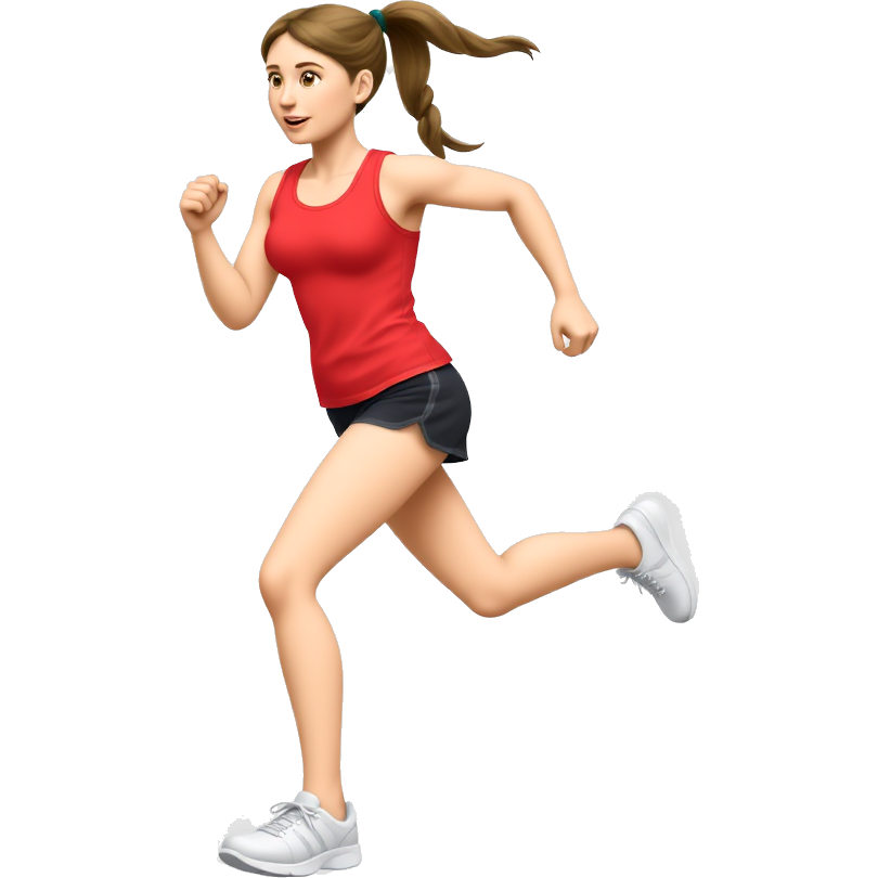 Strong, girl, runnning, short black shorts shorts, red running tank top, hair in pony tail braid, white running shoes