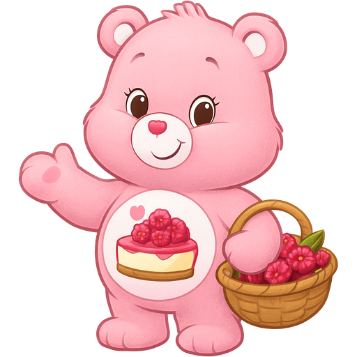 Cute pastel pink Carebear with a raspberry cheesecake and hearts belly badge holding a basket of raspberries