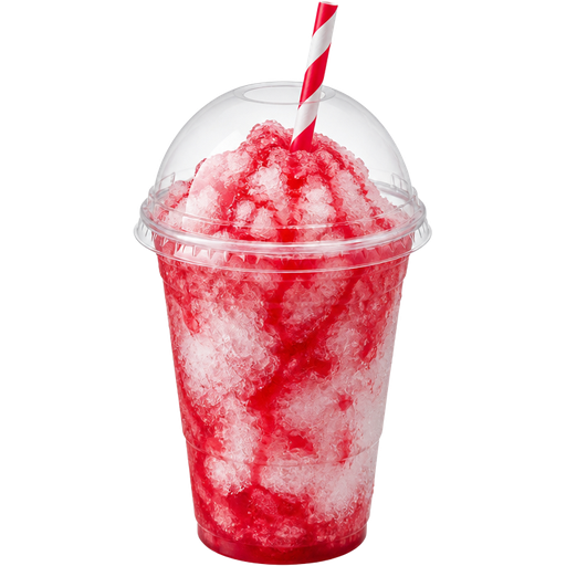 Christmas Peppermint Shaved Ice Slushie in a Plastic Cup and Plastic Dome Lid with a Straw Mixed in with Extra Syrup