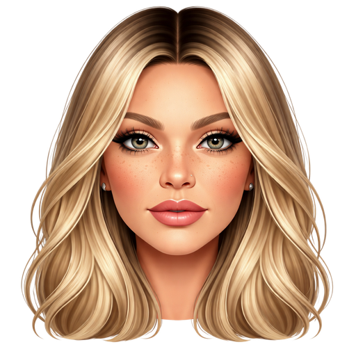 48 year old baddie with full but not too big lips a slight bumpy nose cheek bones with freckles almond shaped gray colored eyes long lashes nose stud fair skin with long slightly wavy blonde hair and dark roots parted in the middle serious