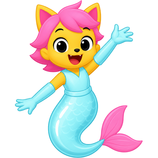 yellow boy cat furry with pink hair and light cyan very long rubber gloves light cyan dress tucked in light cyan mermaid tail with white highlights with pink tail fins (based on pinkfong)