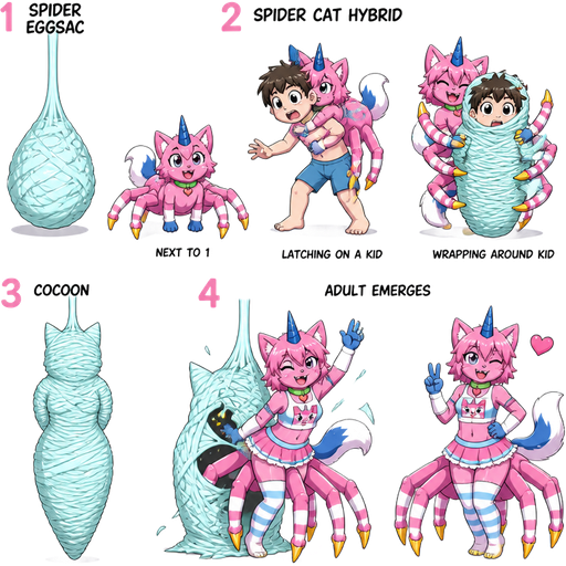 life cycle of anthro femboy pink cat drider with blue and white tail white wrists blue hands white ankles yellow tips on spider legs green collar blue unicorn horn wearing femboy clothing based on unikitty metamorphosis transformation 1st stage #B8FFFF spider eggsac 2nd stage pink spider cat hybrid next to 1 pink spider cat hybrid latching on a kid in blue shorts and 2 wrapping around kid in blue shorts whole body and head with #B8FFFF silk webbing 3rd stage cocoon wrapped up and mummified fully covered in a #B8FFFF spider slik cocoon shaped like anthro female cat anthro arms behind back with #B8FFFF spider slik wrappings completely covered with thick layers non-transparent #B8FFFF spider slik wrappings hanging on #B8FFFF slik wrappings 4th stage adult 1 anthro femboy pink cat drider with blue and white tail white wrists blue hands white ankles yellow tips on spider legs green collar blue unicorn horn wearing femboy clothing based on unikitty emerges from its wrapped up and mummified fully covered in a #B8FFFF spider slik cocoon shaped like anthro female cat anthro arms behind back with #B8FFFF spider slik wrappings completely covered with thick layers non-transparent #B8FFFF spider slik wrappings hanging on #B8FFFF slik wrappings 2 anthro femboy pink cat drider with blue and white tail white wrists blue hands white ankles yellow tips on spider legs green collar blue unicorn horn wearing femboy clothing based on unikitty with a heart briefly appears