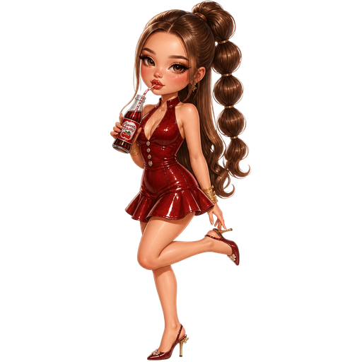 semi-realistic soft cartoon luxury glam, mini plush Bratz-doll aesthetic, cinematic glow, crisp clean detail, glossy glam skin. brown eyed Petite 5ft girl, fair skin with soft freckles, wide face with tall forehead, honey-brown almond wide-set upturned eyes, fluttery lashes, shimmer highlight, plush lips, bottom heavy lip, sweet Belle-princess vibe, long straight brunette hair with visible caramel highlights, wearing a glossy black-cherry halter mini dress with tiny crystal buttons and a flirty flared hem, gold bangles and slingback heels, hair in a high bubbled ponytail with curled ends, makeup with bronzed cherry lids and glossy rose-brown lips, sipping a cherry soda through a straw in a playful diner-girl pose