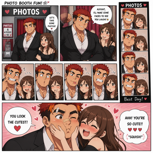 A Full page Anime Comic book story about of a masculine and Bulky ANIME Cute Bara Man American 20 year old with a ROUND and BASIC facial structure and TENAGE BARA CUTE MALE not to detailed With bigger than average Pecs that are visible through the shirt and Biceps and a big Bandaid on his nose and Left Cheek and Right Eye brow. Wearing a no piercings Black suit an White and Pants and Red Hair and Bright Orange Hair Tips and Strait is wearing a Motorcycle haircut with brown eyes and black eyebrows. Inside a Photos Both and makes funny faces just to see her laugh. And then she says you look the cutest and she squishes his cheek and has cuteness aggression towards him in the Booth.