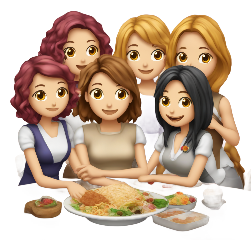 Una mesa con cuatro amigas chicas de la misma edad cenando comida japonesa. La primera chica: color de piel un poco morena, con un top de banda lila, color de pelo rubio oscuro con mechas rubias, de longitud hasta los hombros y un poco ondulado. La segunda chica: pelo ondulado castaño un poco oscuro y largo, color de piel clarito y una camiseta azul. La tercera chica: pelo por debajo de los hombros, castaño claro y liso. Color de piel más blanquita y camiseta negra de tirantes finos . Por último, la cuarta chica: ojos un poco achinados y pelo negro liso por los hombros. Camiseta blanca de manga corta y color de piel un poco morena.
