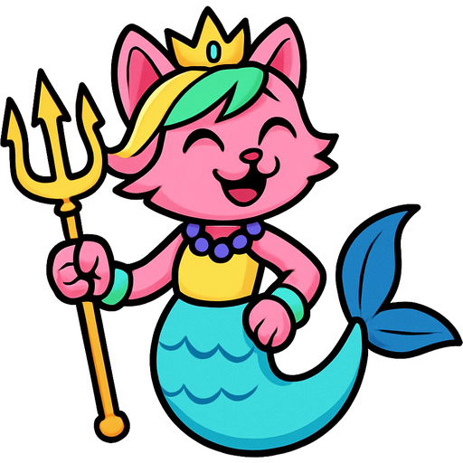 Male pink anthro cat with pink and green and yellow hair blue golden crown with light purple necklace light cyan braclets cyan and yellow dress with attached to cyan and light blue mermaid tail with dark blue fins holding a golden trident