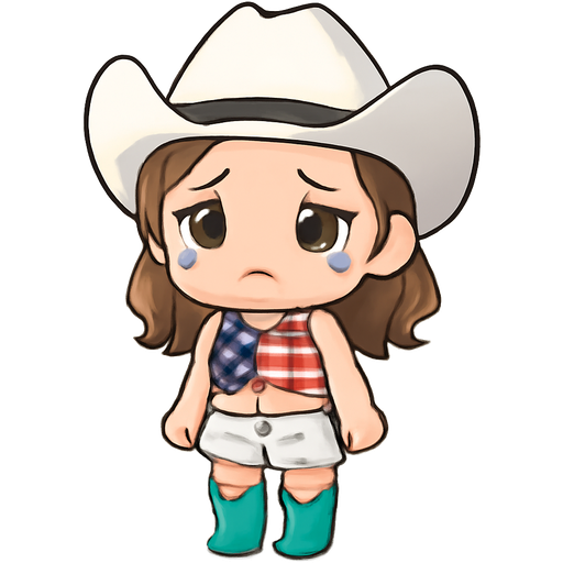 Sad cowgirl with sleeveless American flag crop top that shows her belly, fancy turquoise boots, short white cutoff jean shorts, white cowboy hat, and a short length American flag crop top that shows her belly