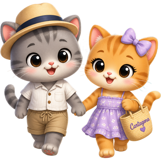 2 cute meows in summer wear taking a walk holding hands at Beach on the sand next to the water in Cartagena, Colombia 🇨🇴 , one is a boy is grey and is wearing khaki shorts and a hat, the other one is a girl is orange with long eyelashes and a lilac bow