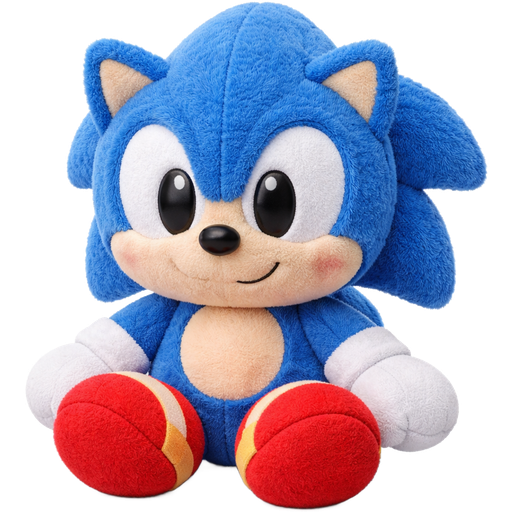 Emoji-style 3D render of a plush character inspired by Sonic the Hedgehog, stuffed animal appearance, soft fuzzy fabric texture, rounded cuddly proportions, embroidered eyes, blue plush fur with simplified spikes, white gloves and red shoes made of fabric, visible stitching seams, cozy plush toy aesthetic, clean white background, no plastic, no vinyl, no figurine look