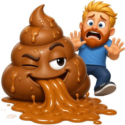 A smug poop emoji winking and smirking while vomiting caramel puddle. Wet sticky stuff everywhere. Behind it is a man with blonde hair and a red beard looking scared