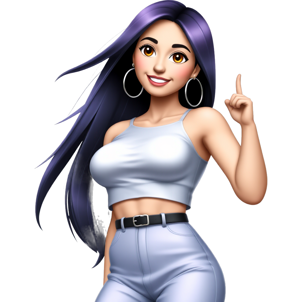 “Create a neon-lit, modern, stylized illustration of a confident, playful female character inspired by urban street style. She is wearing a silver crop top with a skirt, hoop earrings, and sleek long black hair. She has a fun, teasing smile, posing confidently against a glowing neon background in pink and purple tones, with an energetic and stylish vibe.”