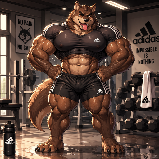 A Full BODY and FACE of Buff Gigantic Pecs AND biceps and a Perfect Waist. Masculine ANIME Bara Furry Brown Wolf. Wearing an Adidas Shirt and shorts. drenched in sweat with his tongue out
