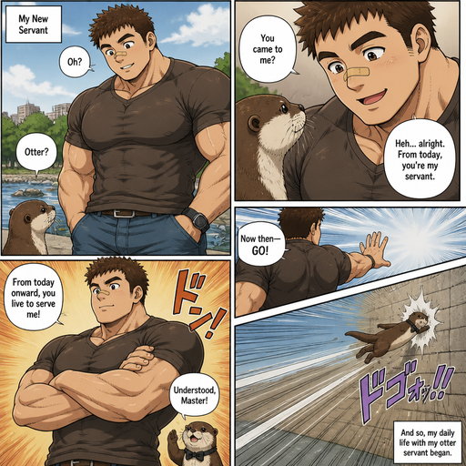 A DETAILED AND LIFELIKE ANIME Comic Book story view of a Bulky but Muscular ANIME Cute Bara Man With Peach toned skin Who looks Normal sincerely d round facial Structure and Basic facial structure With Puffy and Big Pecs that are visible through the shirt and Biceps and Bandaid on his nose and Brown short hair. Wearing normal clothes. And an otter comes up to him, and he makes the otter his servant and he Flys to the wall from him