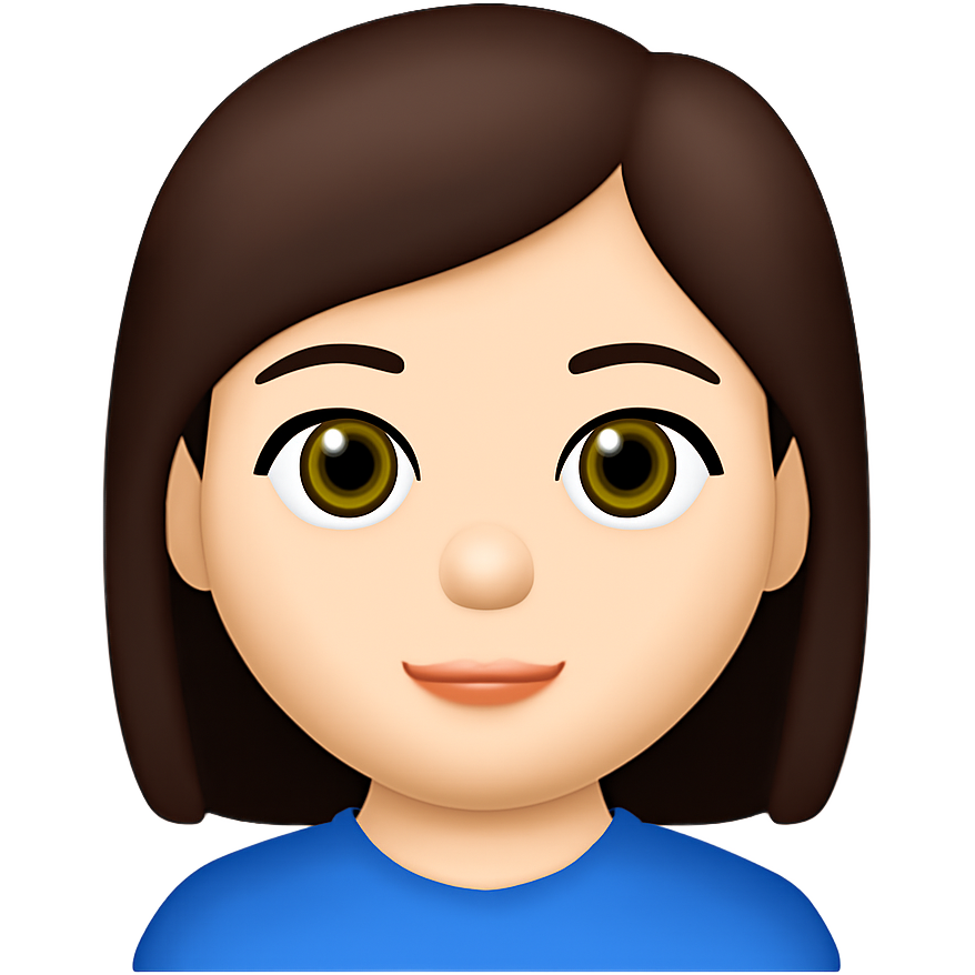 A girl who is brunette hair, pale, his eyes are hazel with an eyeliner, normal lips and a small nose very cute. His face is square form. She’s wearing a blue shirt