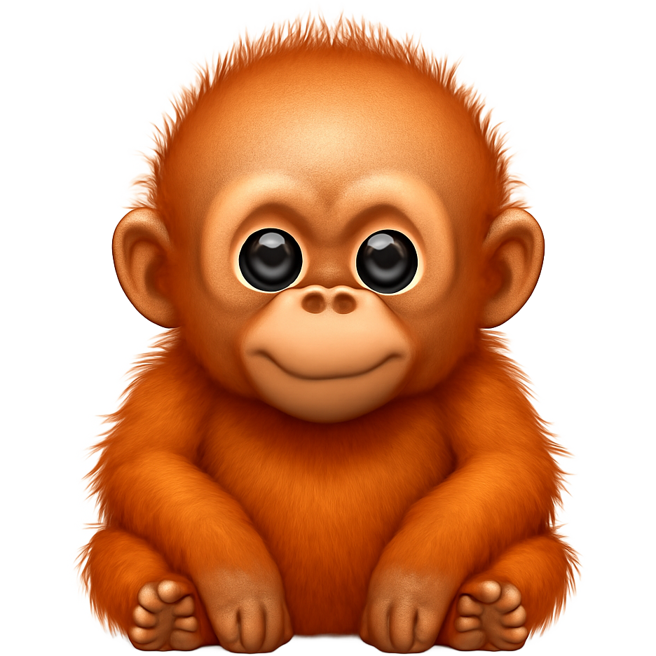Full body cute chubby baby orangutan sitting down. Make it recognizable as a baby orangutan and not a monkey. It should be both realistic and stylized. It should have a bald forehead, small ears, bright orange fur. Take your time to make the head and body as cute and detailed as possible