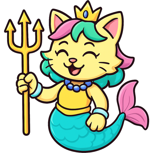cartoon clipart light yellow anthro cat with pink and green and yellow hair blue golden crown with light purple necklace light cyan braclets cyan and yellow dress with attached to cyan and light blue mermaid tail with pink fins holding a golden trident cartoon clipart