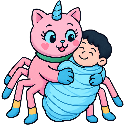 giant pink cat spider hybrid with blue unicorn horn green collar blue eyes with eyelashes heart shaped cheeks white wrists blue hands blue pink spider legs with yellow socks and blue socks cartoon character happy cuddling #B8FFFF cocoon slikworm cocooned pod black haired boy happy covered with #B8FFFF huge coating of #B8FFFF spider slik and huge #B8FFFF spider slik wrappings and huge #B8FFFF spider slik webbing wrappings #B8FFFF artistic creation, beautiful art